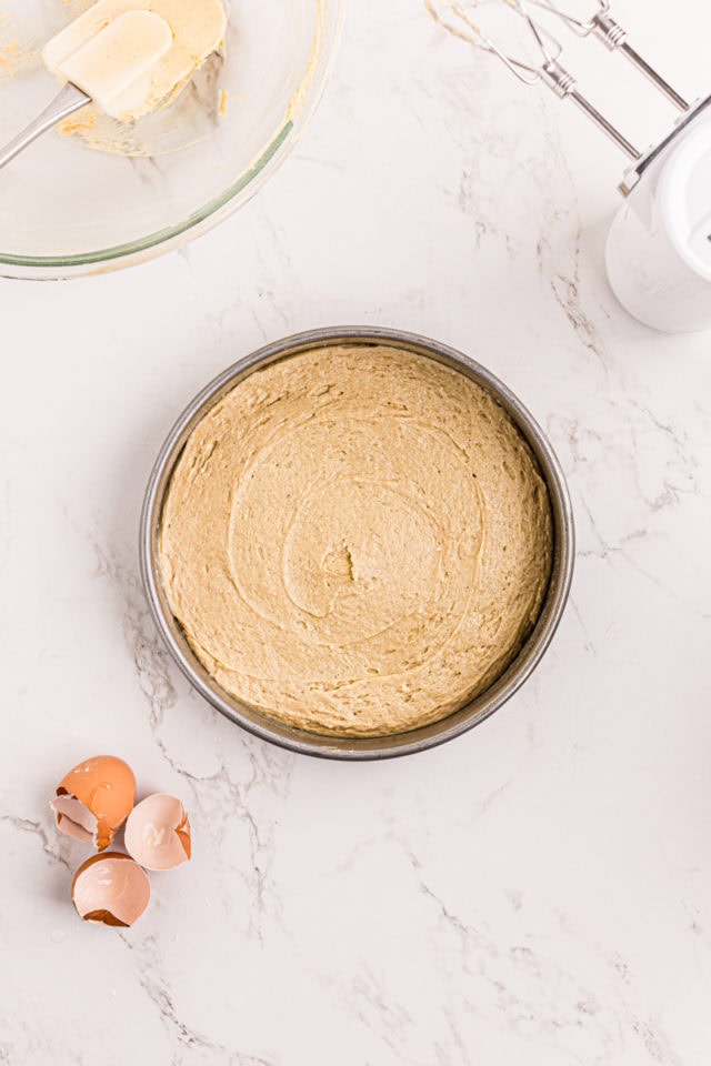 Cake batter in round cake pan