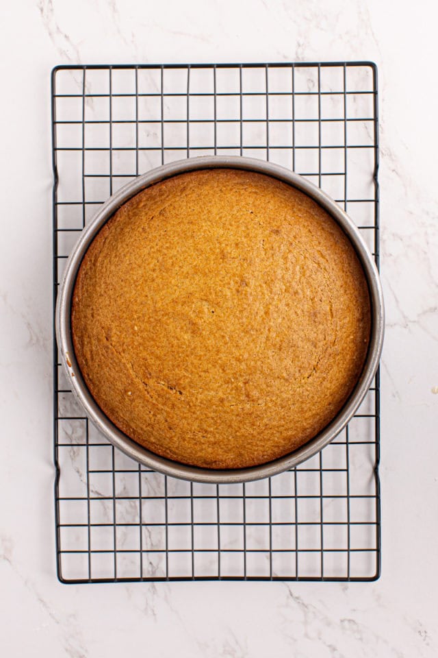 Vanilla cake in round cake pan on wire rack