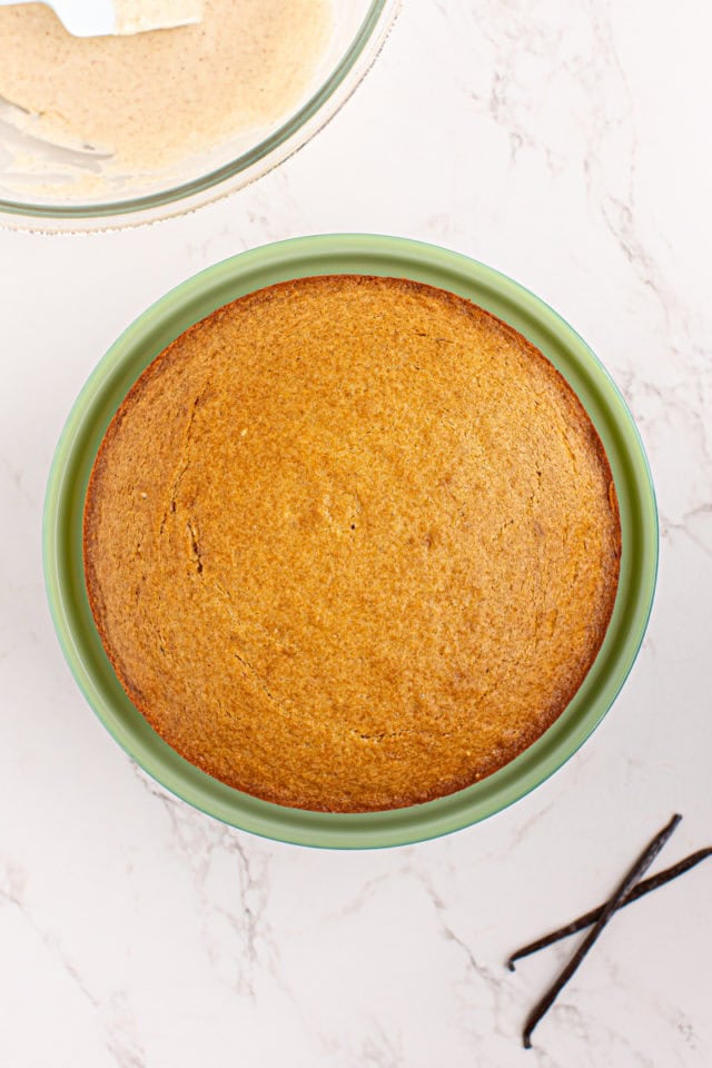 Unfrosted vanilla bean cake on cake stand