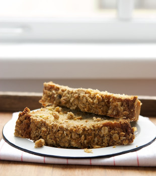slices of Rhubarb Crumb Bread on a white plate