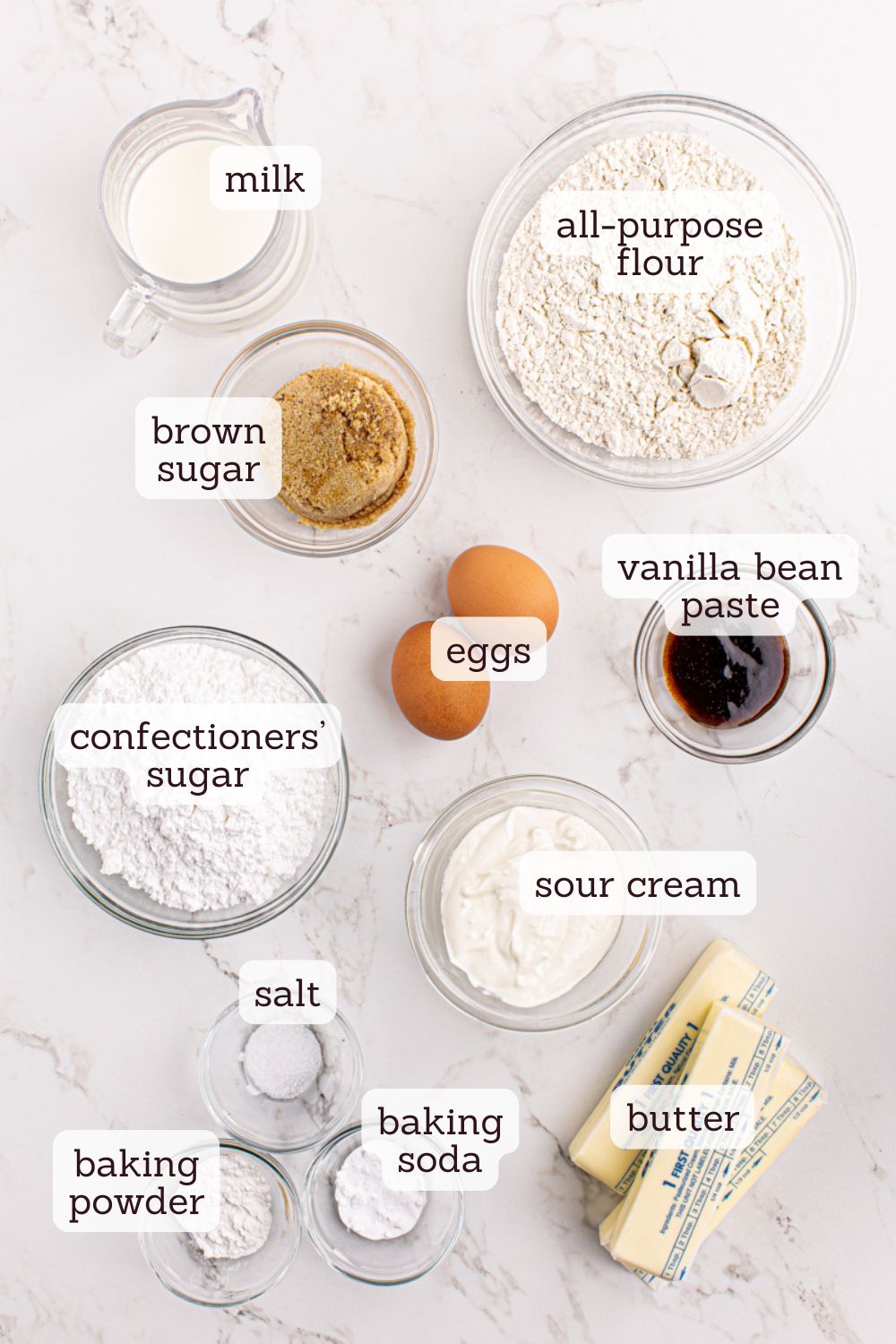 Overhead view of ingredients for vanilla bean cake