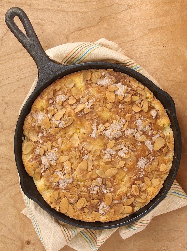 Peach and Nectarine Buckle made in a cast iron skillet