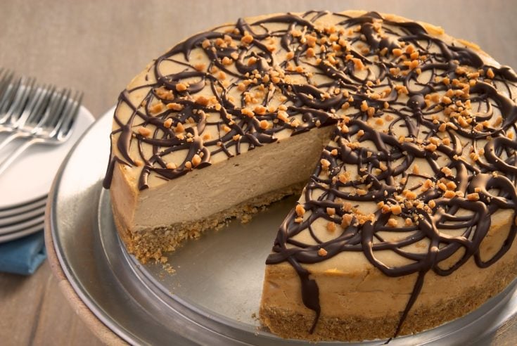 Rich peanut butter cheesecake tops off a salty pretzel crust in this delicious cheesecake. A sweet and salty dream!