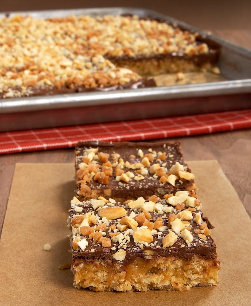 Peanut Butter, Chocolate, and Oat Cereal Bars on parchment paper