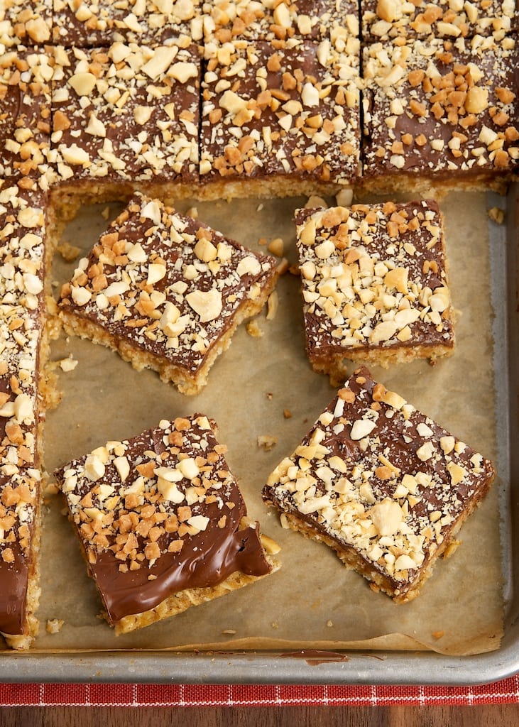 overhead view of Peanut Butter-Chocolate-Oatmeal Cereal Bars on a baking sheet