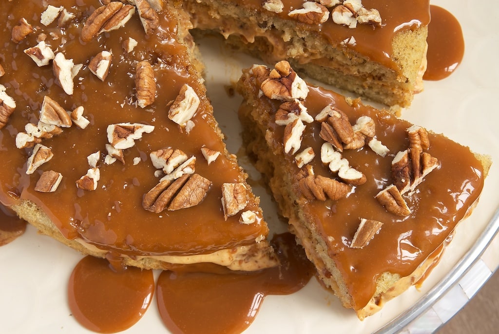 Pecan Cake with Caramel Mousse combines layers of nutty cake with a rich caramel mousse and caramel sauce. Delicious!