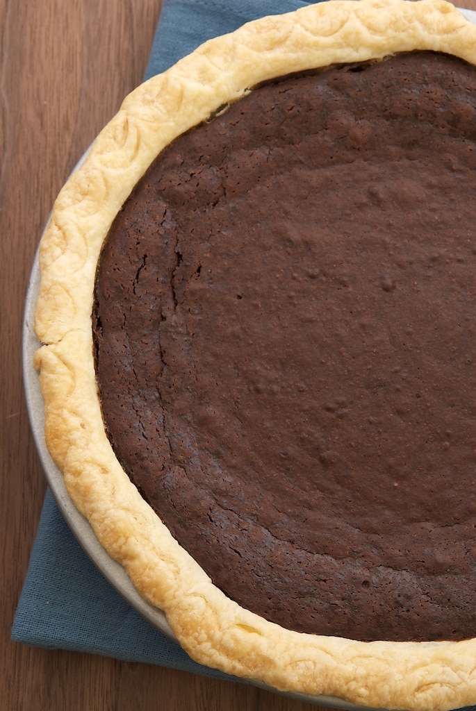 Hot Fudge Pie cooling on a blue towel