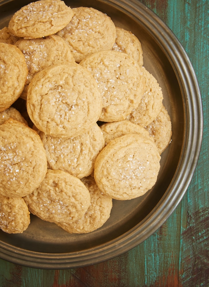 overhead view of Sugar and Spice Cookies on a pewter tray