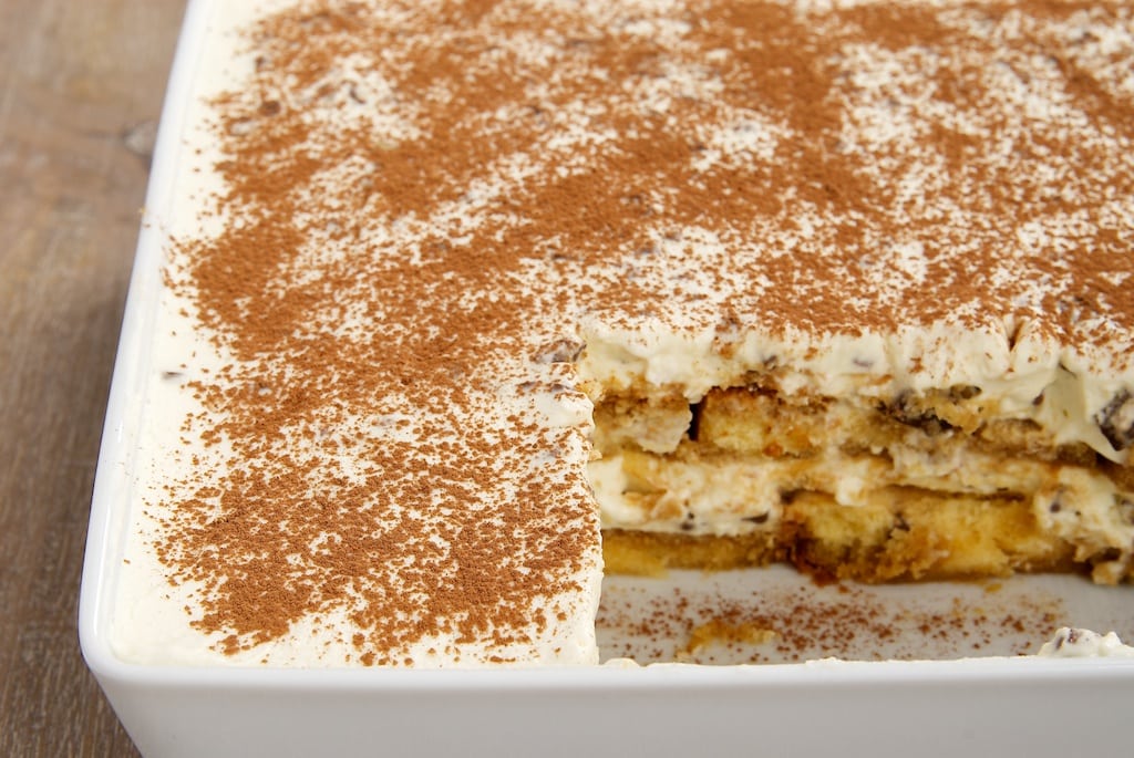 Chocolate Chip Tiramisu is so simple to make with pound cake and a sweet chocolate chip filling. Delicious! - Bake or Break