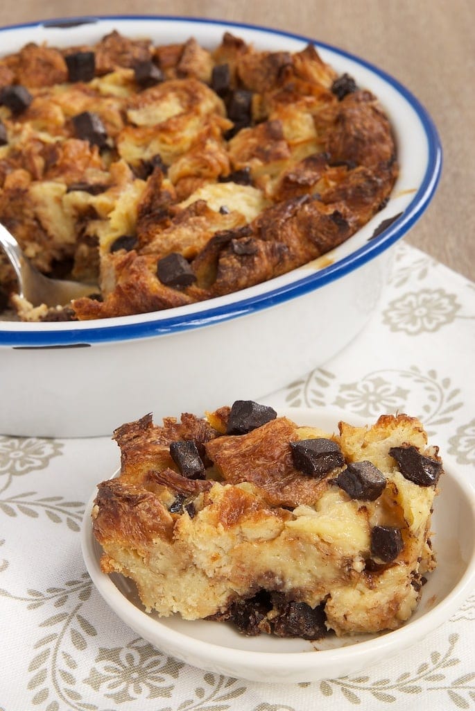 Chocolate Croissant Bread Pudding served on a white plate