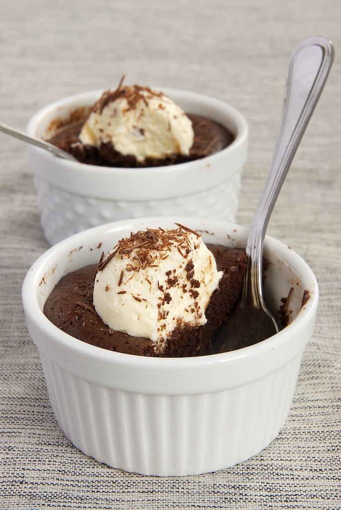 Flourless Chocolate Cakes for Two in white ramekins