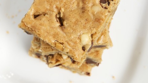 stack of Hazelnut Chocolate Chip Brown Butter Blondies