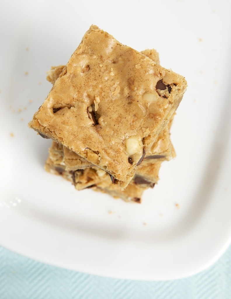 stack of Hazelnut Chocolate Chip Brown Butter Blondies