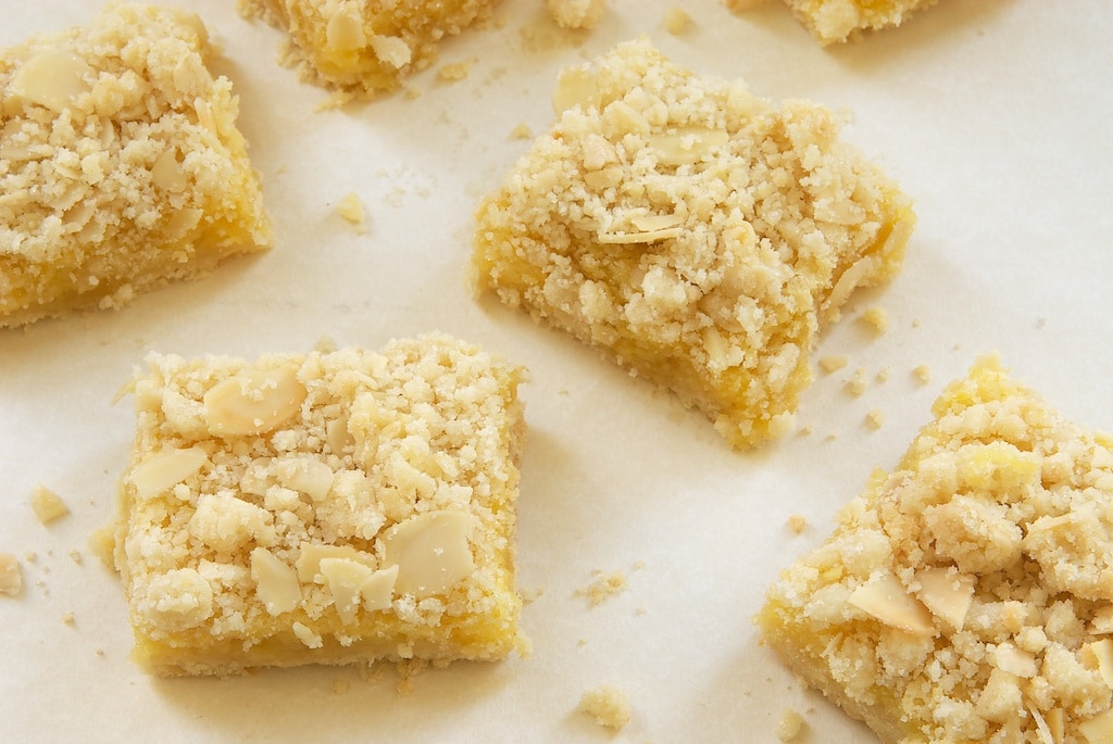 Lemon Almond Crumb Bars on parchment