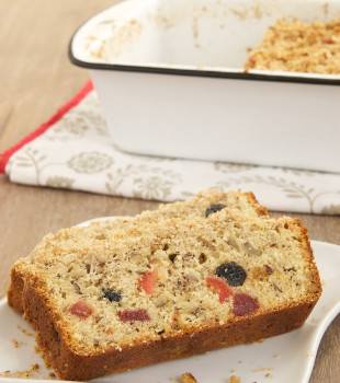 slices of Berry Pecan Streusel Bread on a white plate