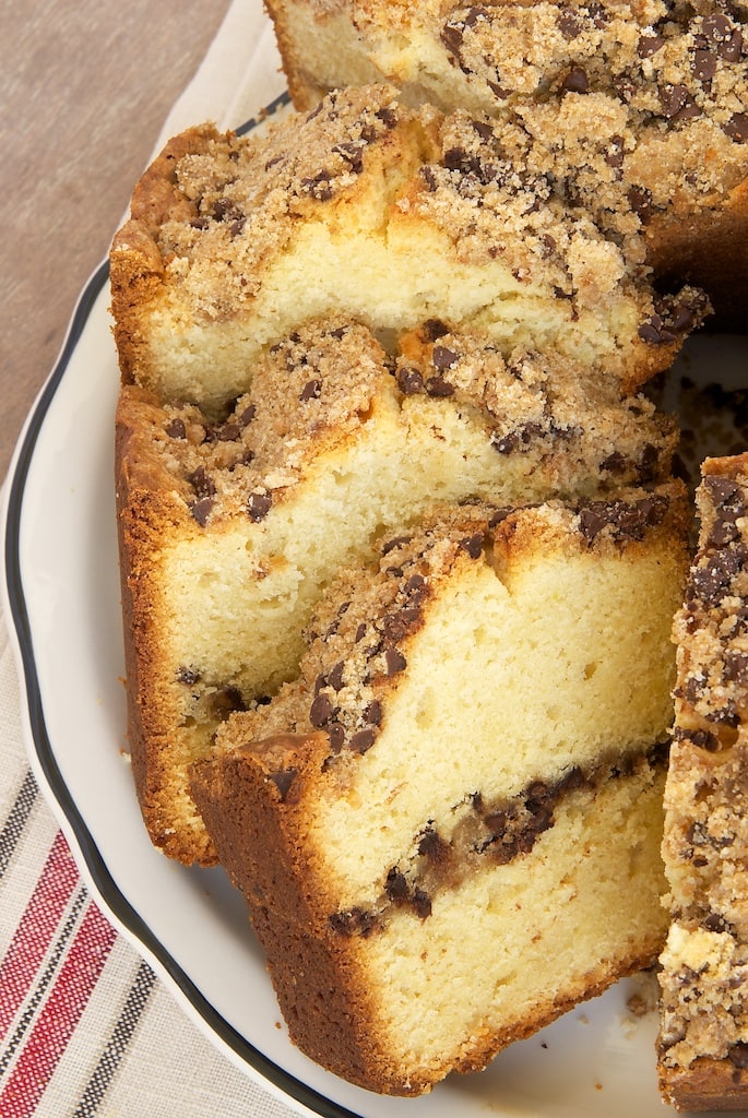This delightful Chocolate Chip Crumb Pound Cake features a sweet topping and swirl flavored with chocolate, cinnamon, and sugar. - Bake or Break