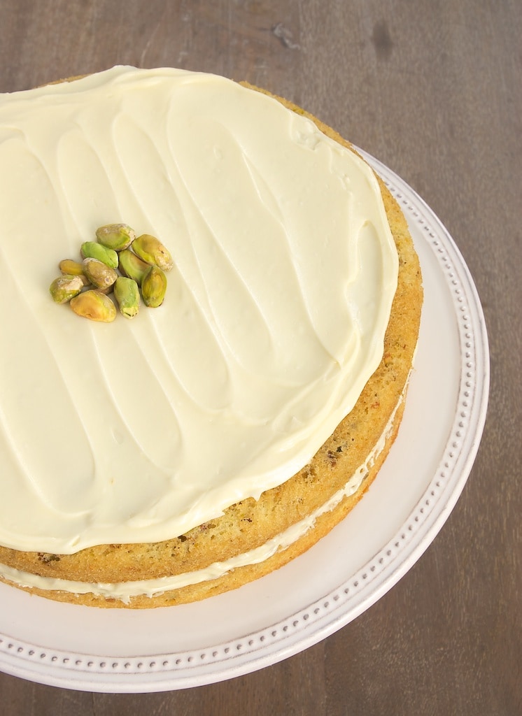 White chocolate and pistachios are a perfect match in this lovely Pistachio Cake with White Chocolate Frosting.