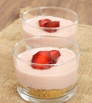 Strawberry No-Bake Cheesecakes served in clear glasses