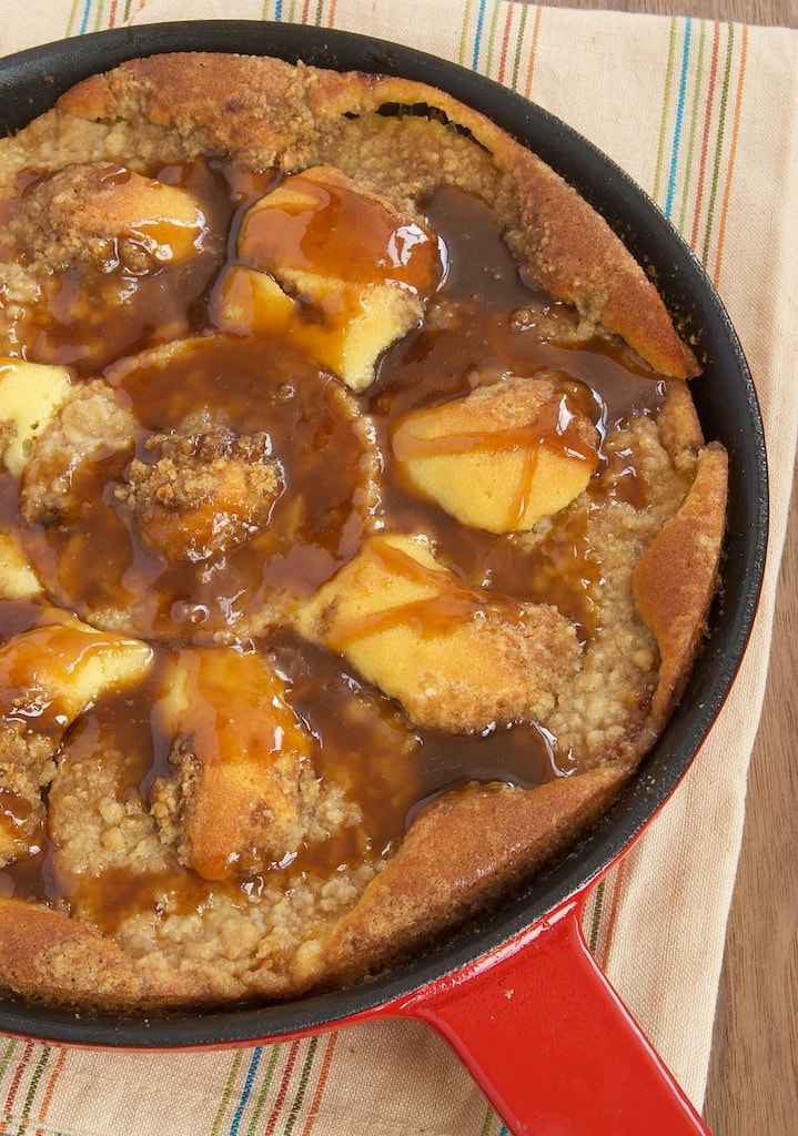 Pineapple Crumb Cake baked in a red skillet