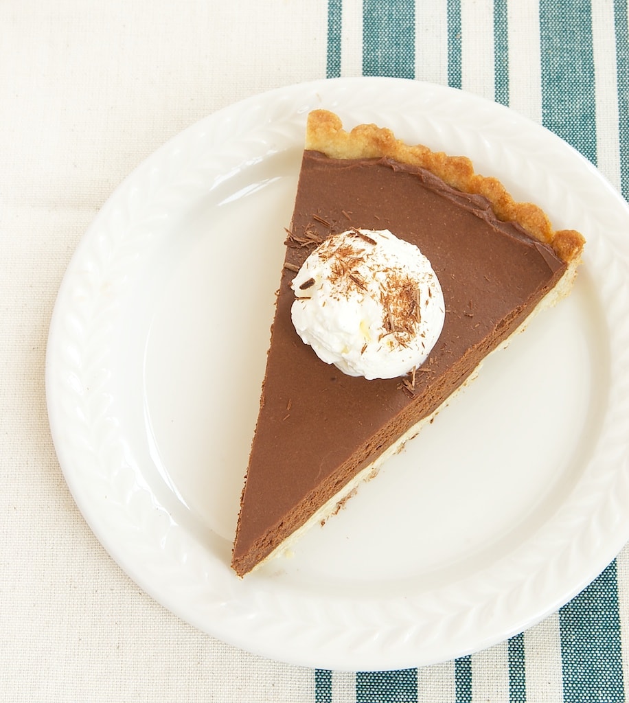 slice of Chocolate Mascarpone Tart on a white plate