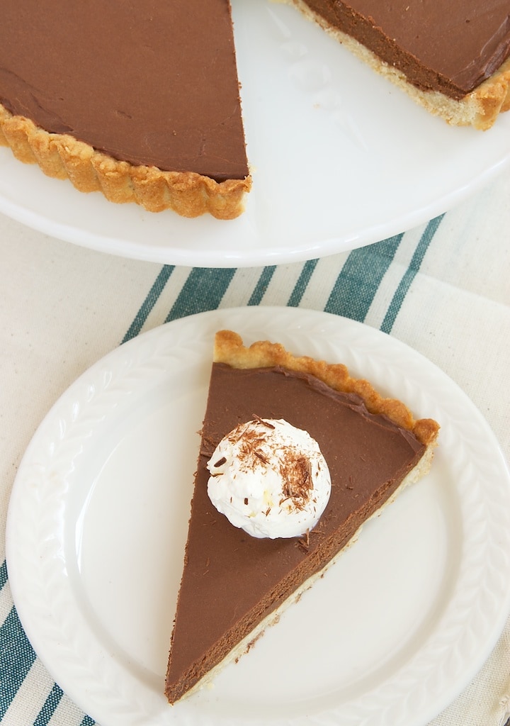 slice of Chocolate Mascarpone Tart on a white plate