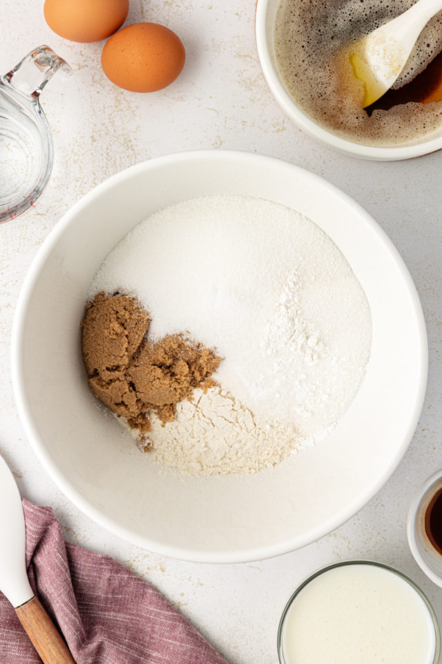 Dry ingredients for brown butter Texas sheet cake in bowl before mixing