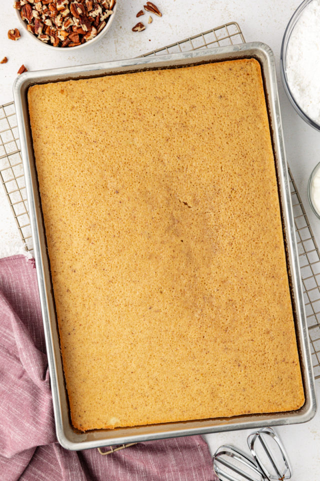 Baked brown butter sheet cake before frosting