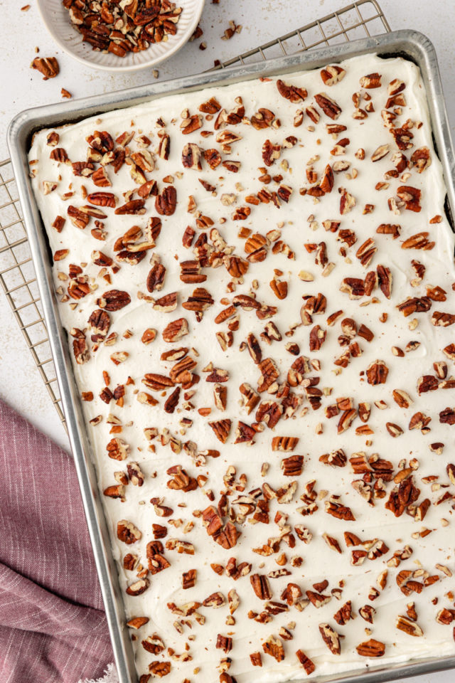 Overhead view of frosted brown butter Texas sheet cake