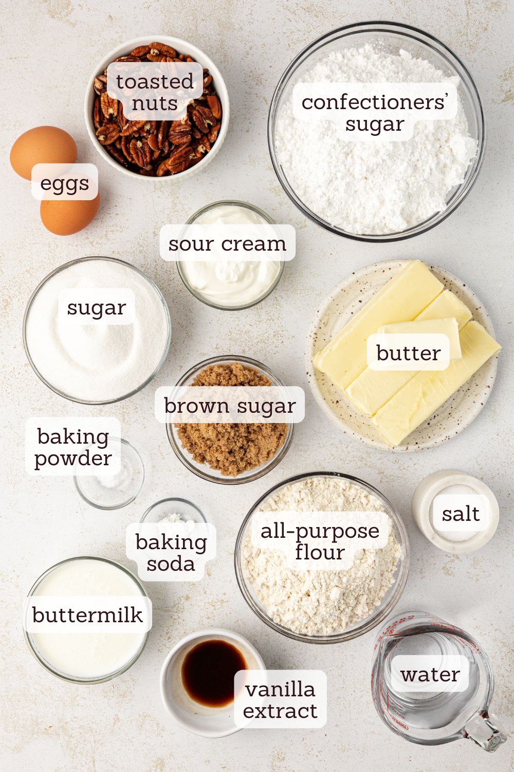 Overhead view of ingredients for brown butter Texas sheet cake