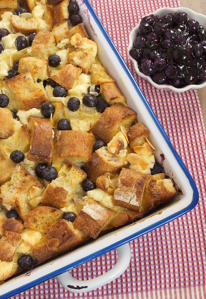 Blueberry bread pudding in baking dish
