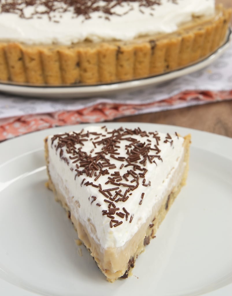 slice of Butterscotch Pudding Pie with Chocolate Chip Cookie Crust on a white plate