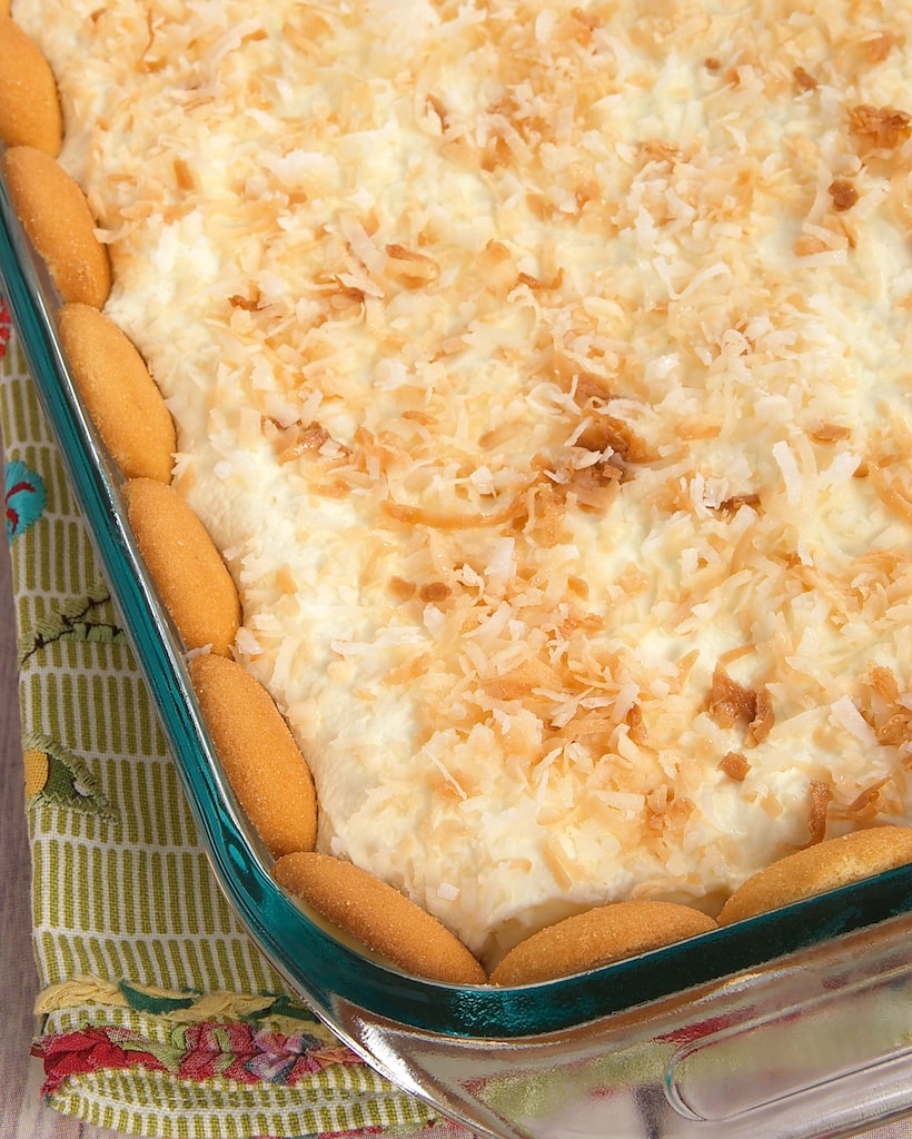 overhead view of Coconut Cream Pie Bars in a glass pan