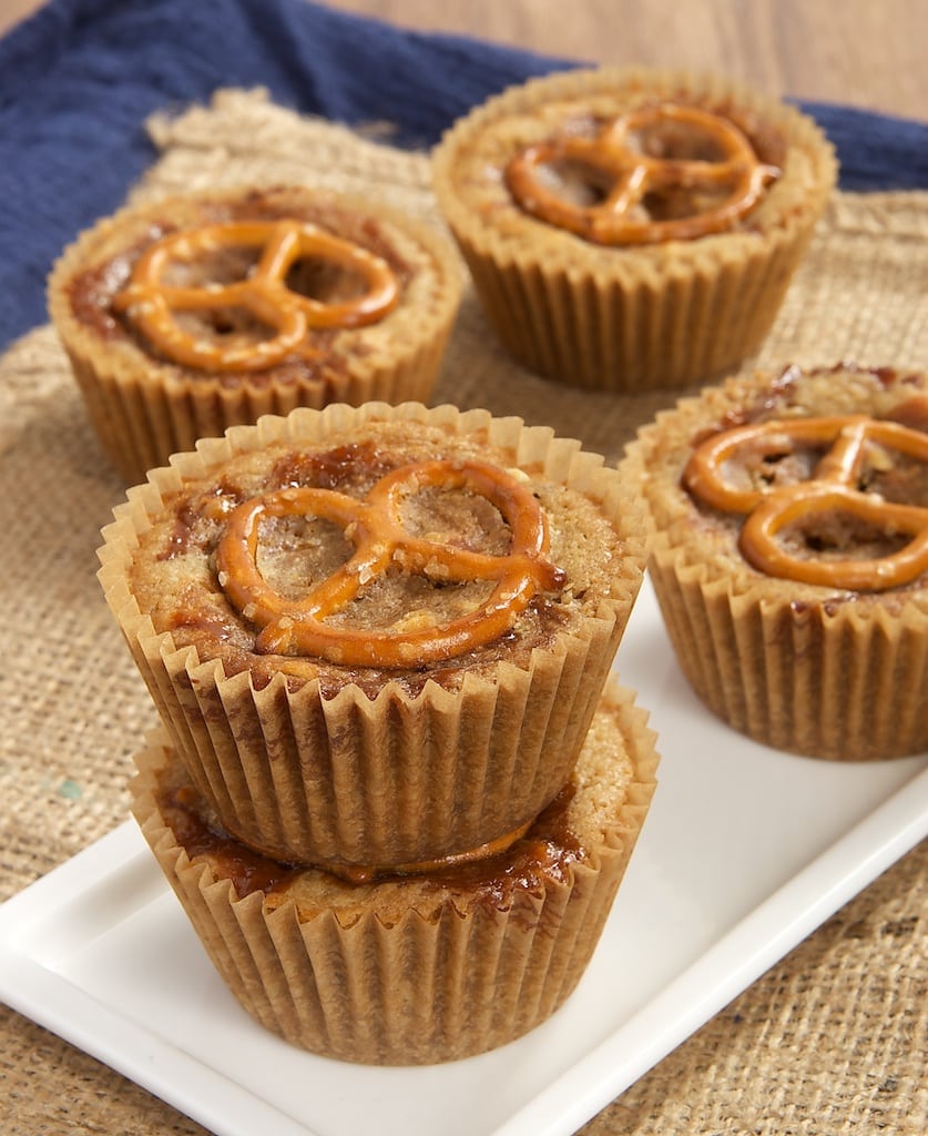 These sweet and salty blondies are packed with nuts, a swirl of caramel, and topped off with a salty pretzel for an irresistible sweet and salty treat.