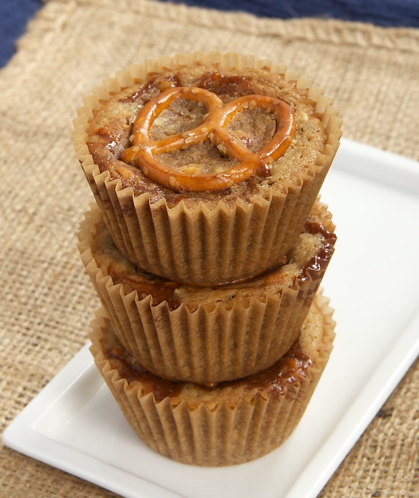 These sweet and salty blondies are packed with nuts, swirled with caramel, and topped off with a salty, crunchy pretzel for an irresistible sweet and salty treat.