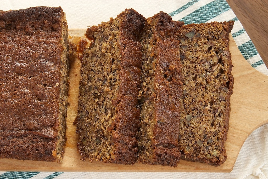 overhead view of Chai Caramel Banana Bread on a wooden board