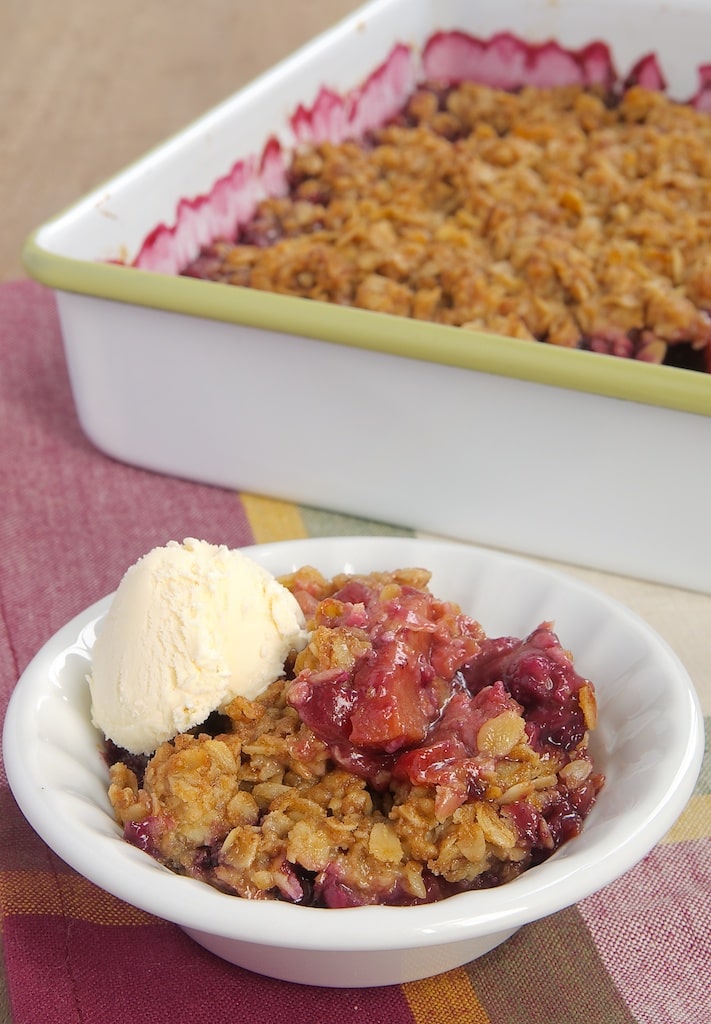 serving of Summer Fruit Crisp topped with ice cream