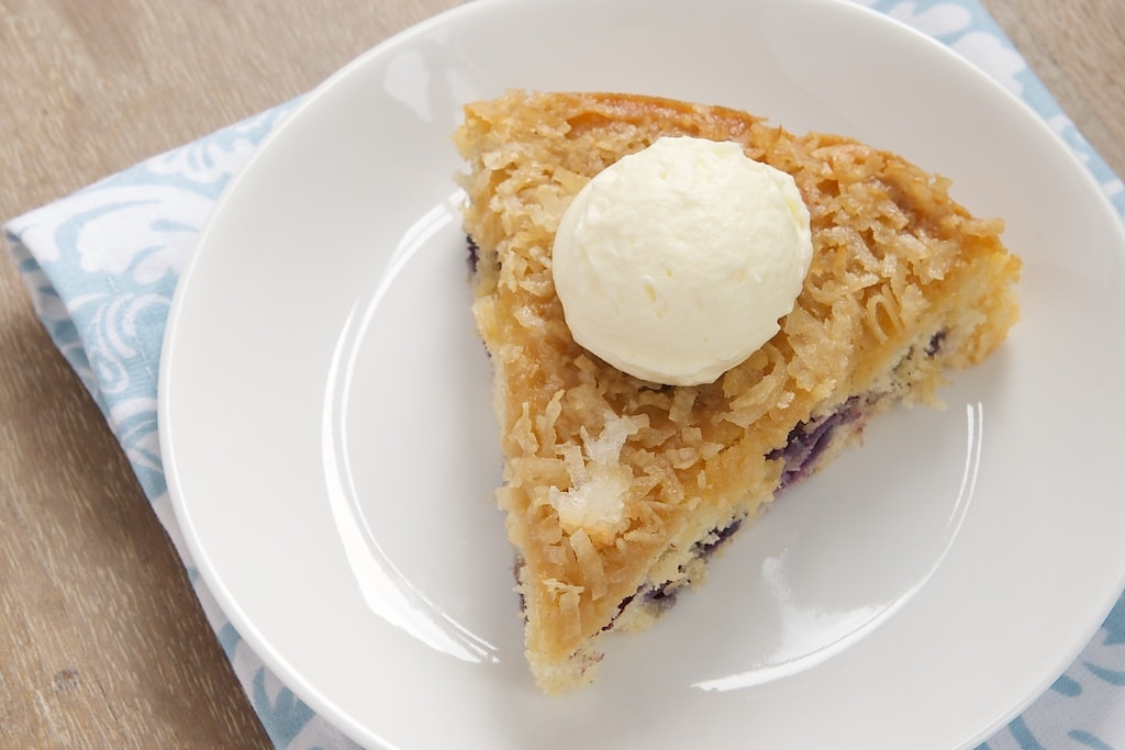 Slice of blueberry cake with a toasted coconut topping.