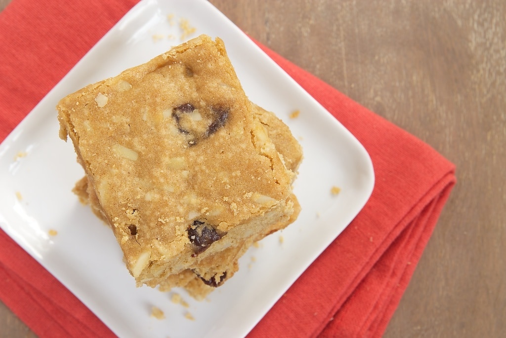 Cherry Almond Blondies combine tart cherries and crunchy almonds in a delicious blondie made with whole wheat flour and yogurt.