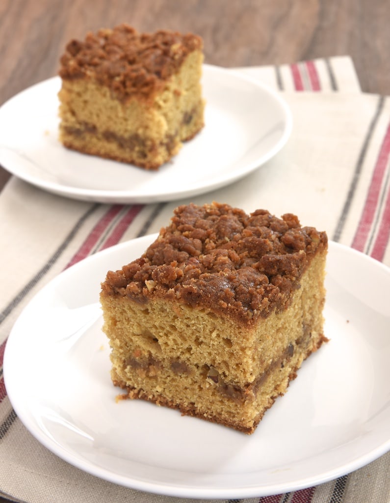 This delicious coffee cake is swirled and topped with a sweet caramel crumb that's absolutely fantastic!