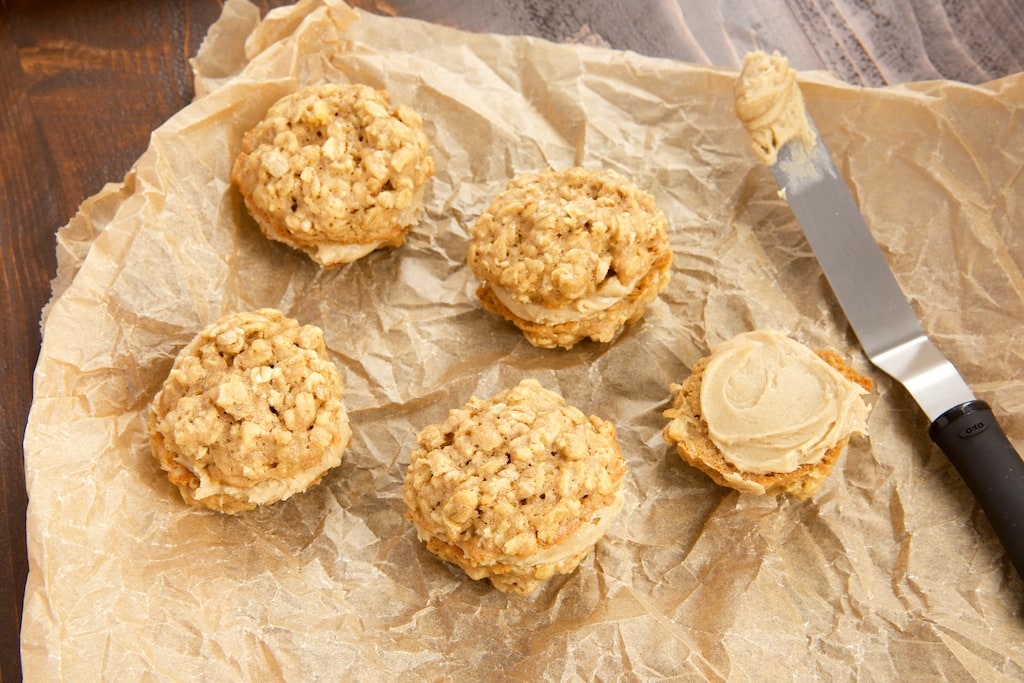 Chewy oatmeal cookies combine with rich butterscotch for these delicious Butterscotch Oatmeal Sandwich Cookies.