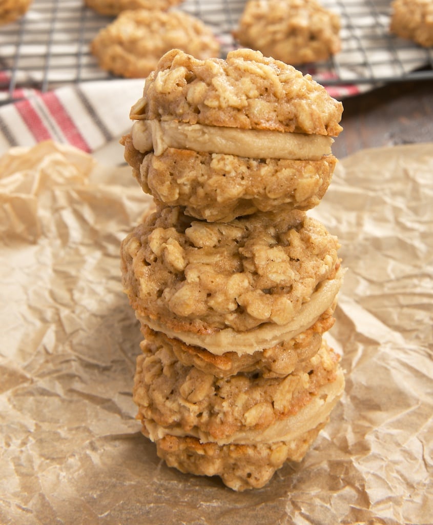 Chewy oatmeal cookies are sandwiched around a rich butterscotch frosting to make these amazingly delicious Butterscotch Oatmeal Sandwich Cookies.