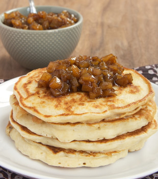 Light, moist, delicate, Ricotta Almond Pancakes are topped with a sweet, cinnamon-y pear topping for a delicious treat for breakfast, brunch, or even dinner!