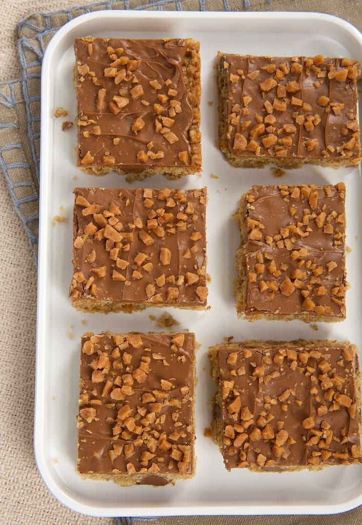 overhead view of Chocolate Toffee Bars on a white plate