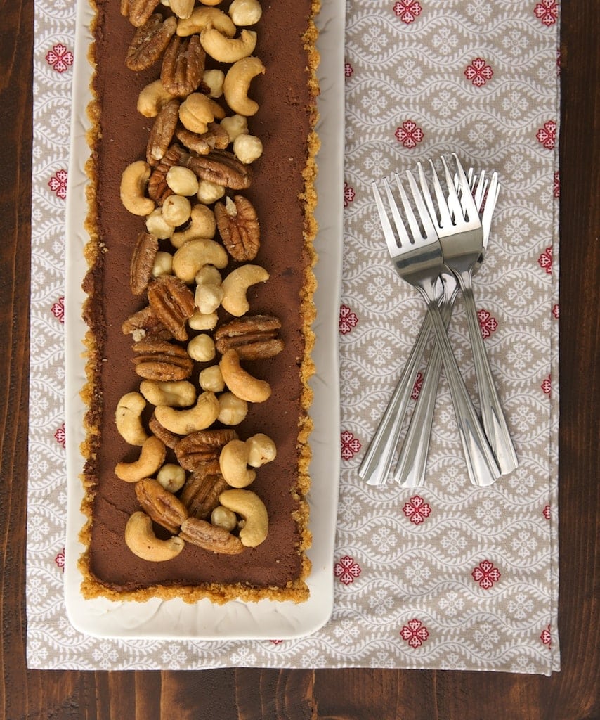 Chocolate Mousse Tart with Glazed Nuts is a simple, elegant, and delicious dessert for all of you chocolate fans!
