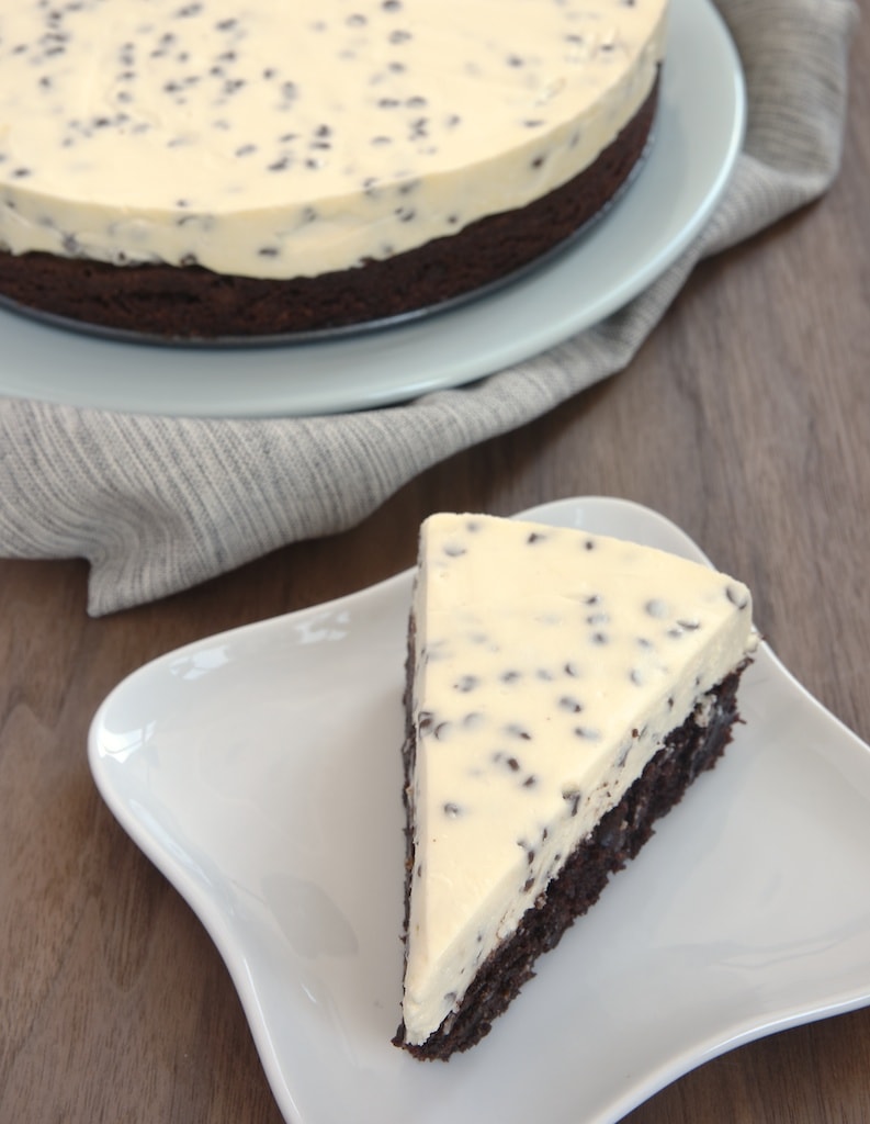 Chocolate Chip Cheesecake with Brownie Crust begins with a fudge brownie and then tops off with a simple, delicious no-bake cheesecake with lots of chocolate chips.