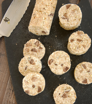 Chocolate Chip Pecan No-Bake Cookies on a cutting board