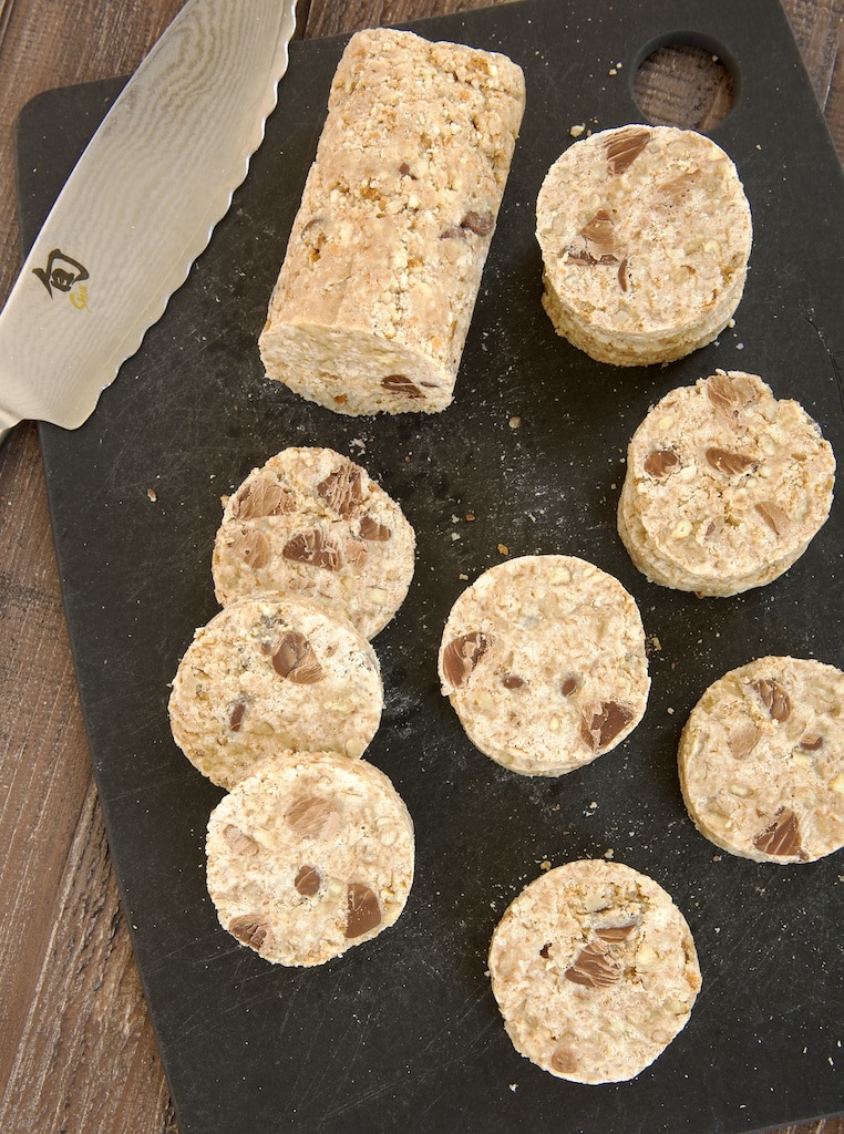 Chocolate Chip Pecan No-Bake Cookies on a cutting board