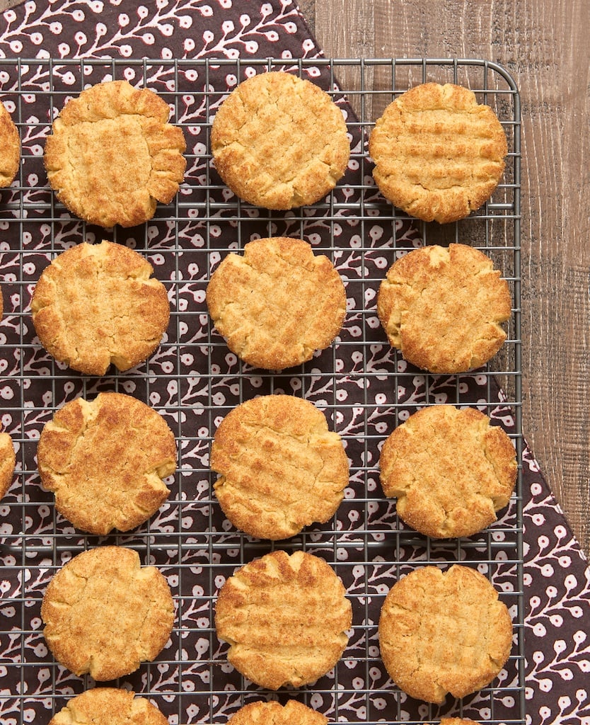 overhead view of Peanut Butter Snickerdoodles on a wire rack