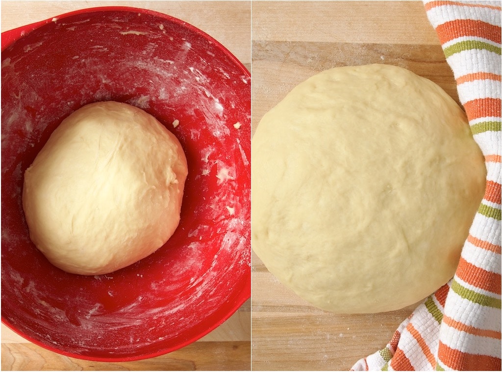 Dough for Brown Butter Cinnamon Pecan Pull Apart Bread before and after resting