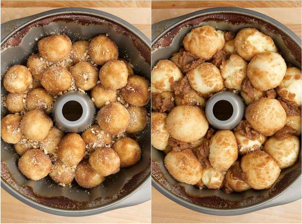 Overhead view of Brown Butter Cinnamon Pecan Pull Apart Bread in pan before and after rising